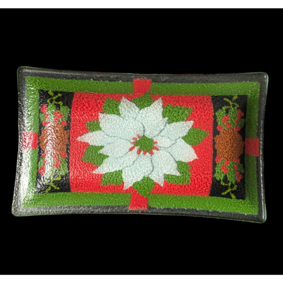 Peggy Karr White Poinsettia 2004 Rectangle 9.75" Tray Fused Art Glass Christmas - Picture 3 of 5